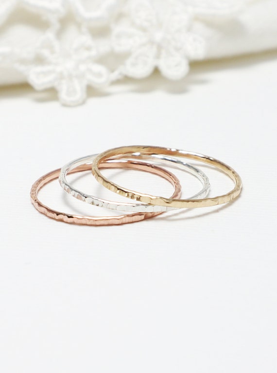 Thin Gold & Silver Line Hammered Ring Set Of 3, Thumb Rings For Women, Simple Dainty Delicate Stack Ring, Minimalist Ring | Wanderlust Rings