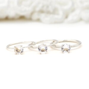 Thin Silver White Solitaire Ring, 6mm White Topaz, Dainty Promise Gemstone Rings For Women, Minimalist  Engagement Wedding Ring, Birthstone