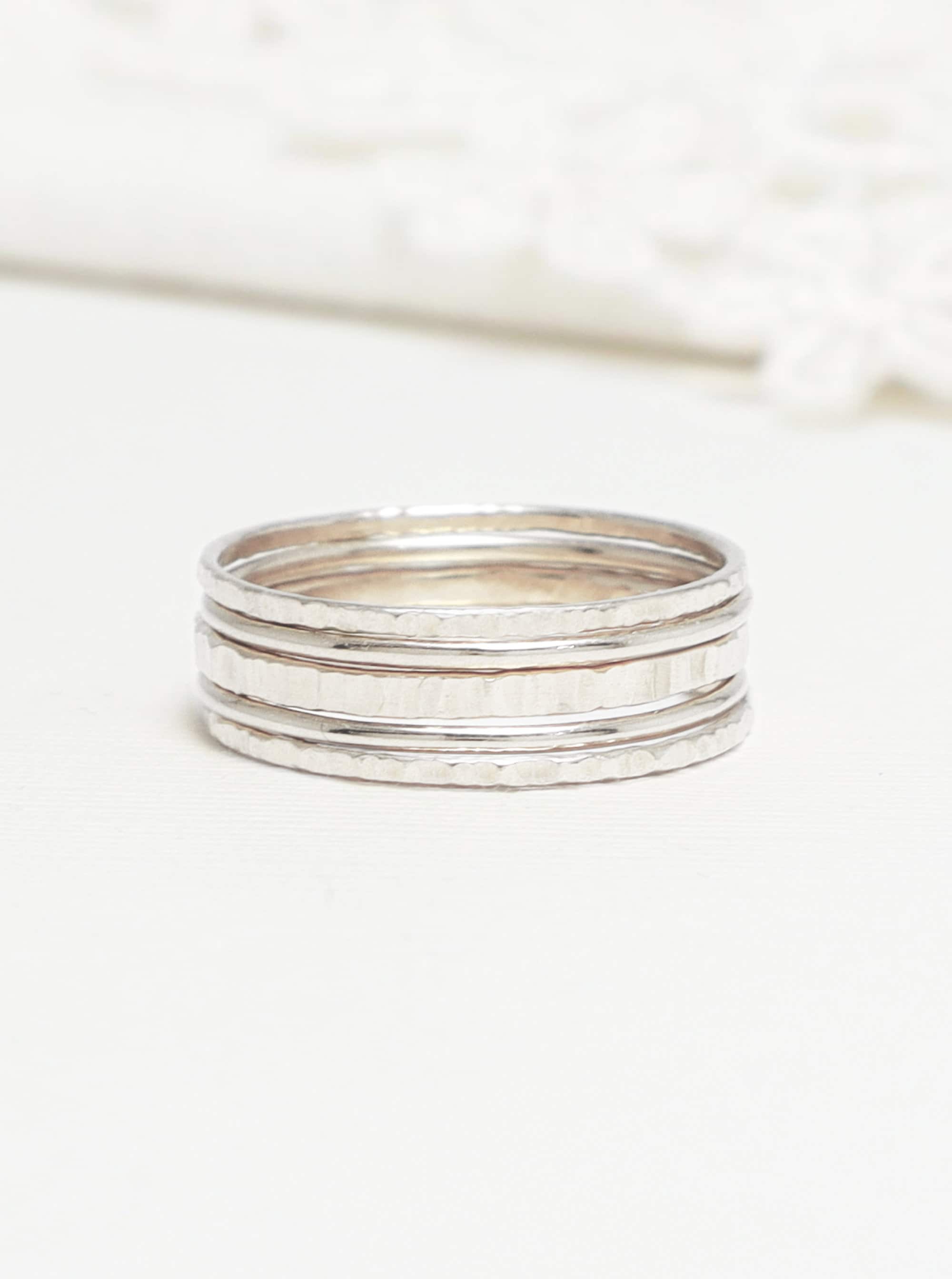 Minimalist Ring, Rings For Women, Silver Line Hammered Stacking Ring, Set Of 5, Thick Medium Thin Ring, Stack Ring Set | Marvelous Rings