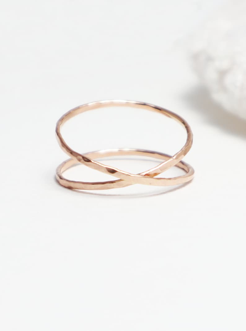 Super Thin 14K Rose Gold Criss Cross X Ring, Hammered, Gold Rings For Women, Thumb Ring, Dainty Promise Ring, Knuckle Ring LOVEx Ring image 1