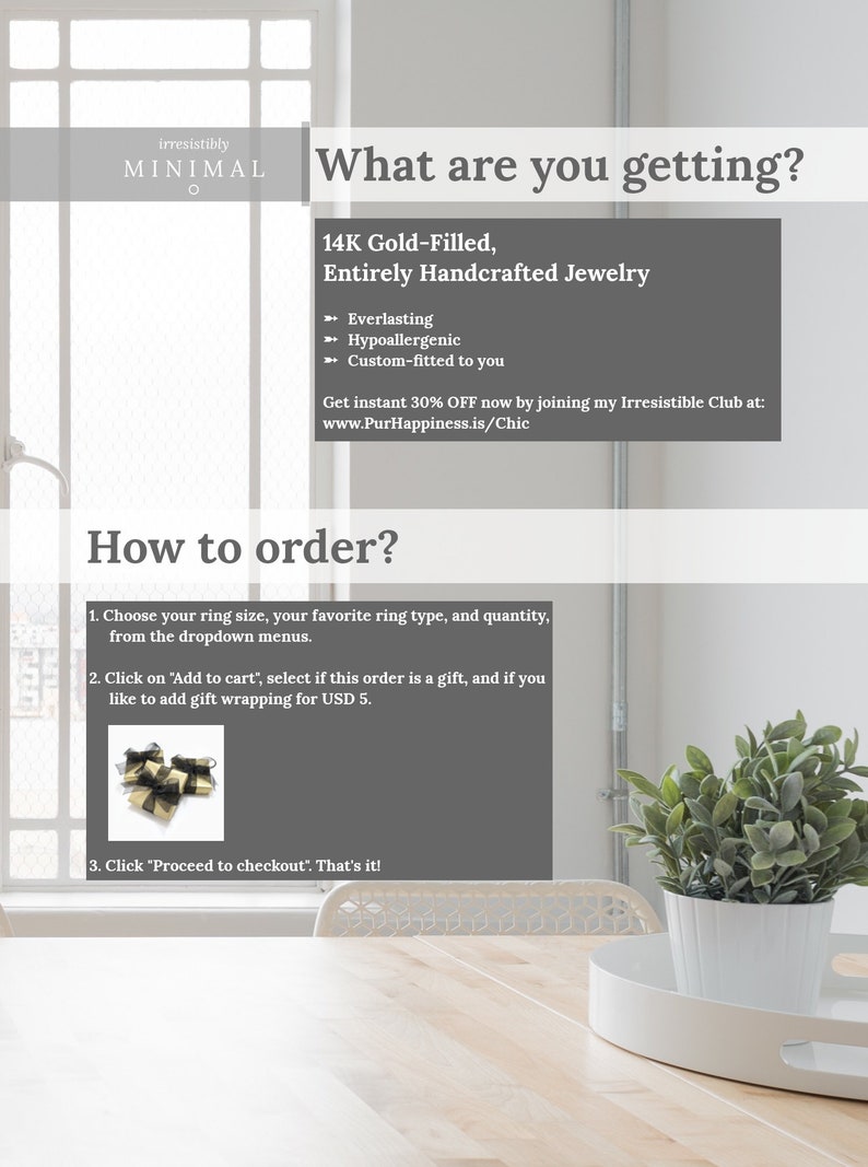 May include: A grey and white graphic with the text "What are you getting?" and "How to order?" The graphic describes 14K gold-filled, entirely handcrafted jewellery that is everlasting, hypoallergenic, and custom-fitted. The graphic also includes instructions on how to order the jewellery.