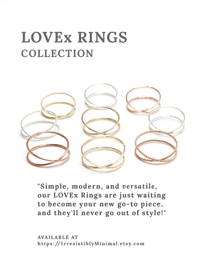 May include: A collection of simple, modern, and versatile gold, silver, and rose gold rings. The rings are stacked and arranged on a white background.  "Simple, modern, and versatile, our LOVEx Rings are just waiting to become your new go-to piece, and they'll never go out of style!" AVAILABLE AT https://IrresistiblyMinimal.etsy.com