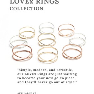 May include: A collection of simple, modern, and versatile gold, silver, and rose gold rings. The rings are stacked and arranged on a white background.  "Simple, modern, and versatile, our LOVEx Rings are just waiting to become your new go-to piece, and they'll never go out of style!" AVAILABLE AT https://IrresistiblyMinimal.etsy.com