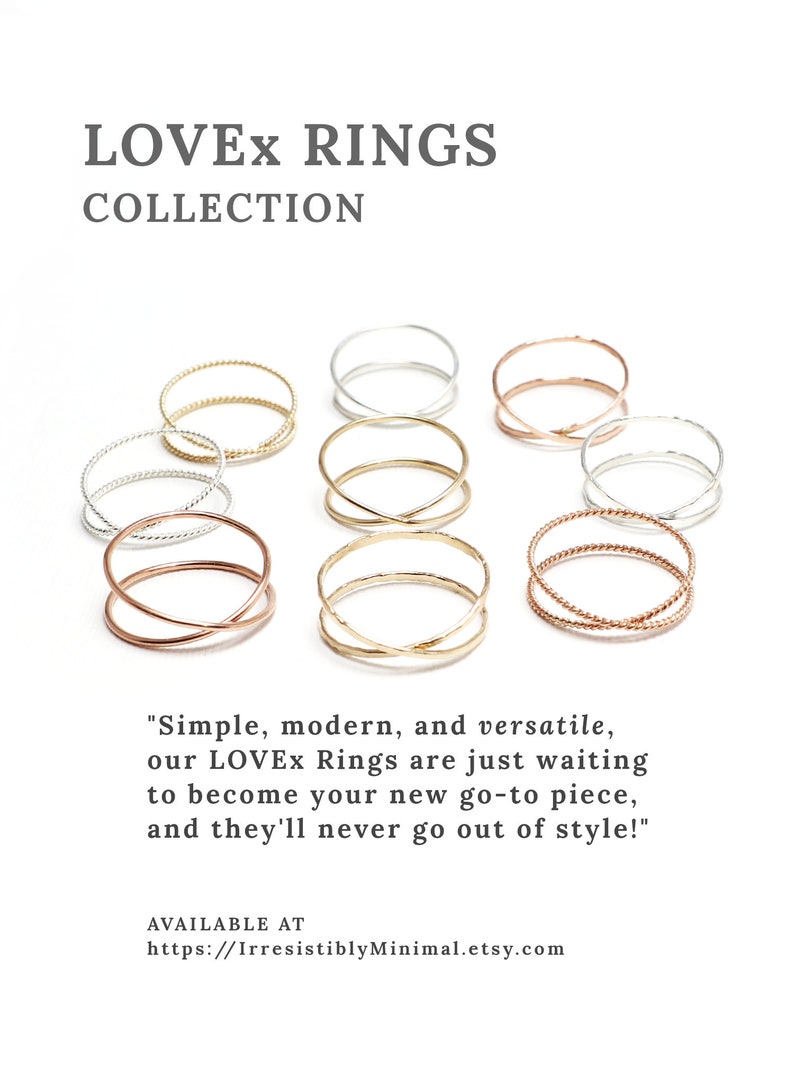 May include: A collection of simple, modern, and versatile gold, silver, and rose gold rings. The rings are stacked and arranged on a white background.  "Simple, modern, and versatile, our LOVEx Rings are just waiting to become your new go-to piece, and they'll never go out of style!" AVAILABLE AT https://IrresistiblyMinimal.etsy.com