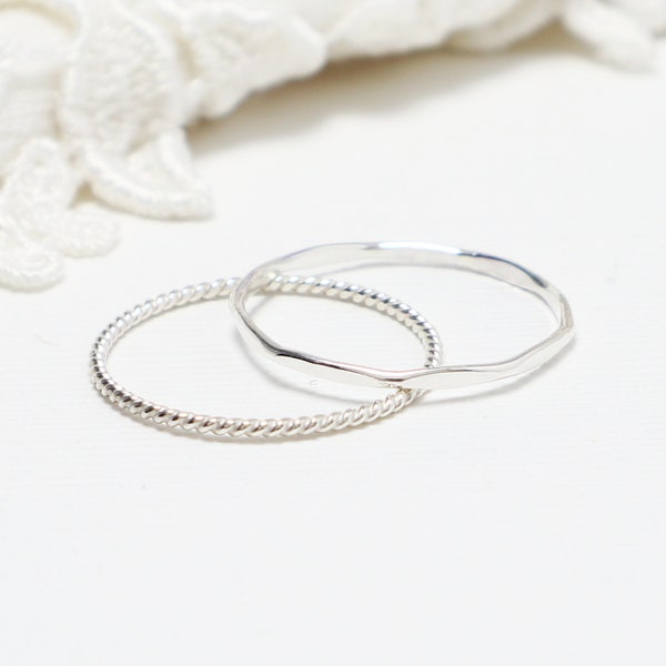 Super Thin Silver Ring Set Of 2, Faceted, Twist, Simple Rings For Women, Thumb Ring, Dainty Delicate Stacking Boho Ring | Gladness Rings