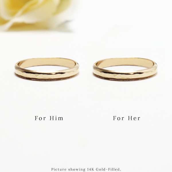 Matching Gold Ring Set For Couple, 2.5mm Hammered Half Round, Promise Engagement Rings, His & Her Dainty Wedding Band Ring | Eternal Rings