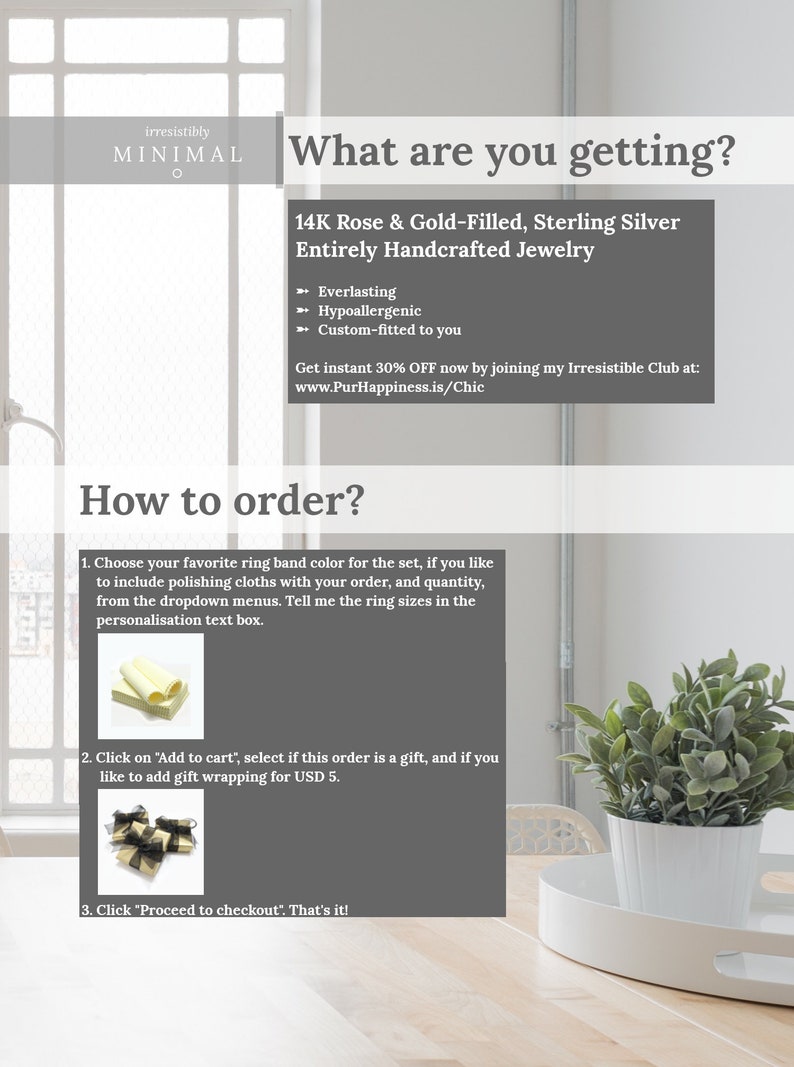 May include: A graphic with the text "What are you getting?" and "How to order?"  The graphic describes 14K Rose & Gold-Filled, Sterling Silver Entirely Handcrafted Jewelry. The jewelry is described as everlasting, hypoallergenic, and custom-fitted. The graphic also includes instructions on how to order the jewelry.