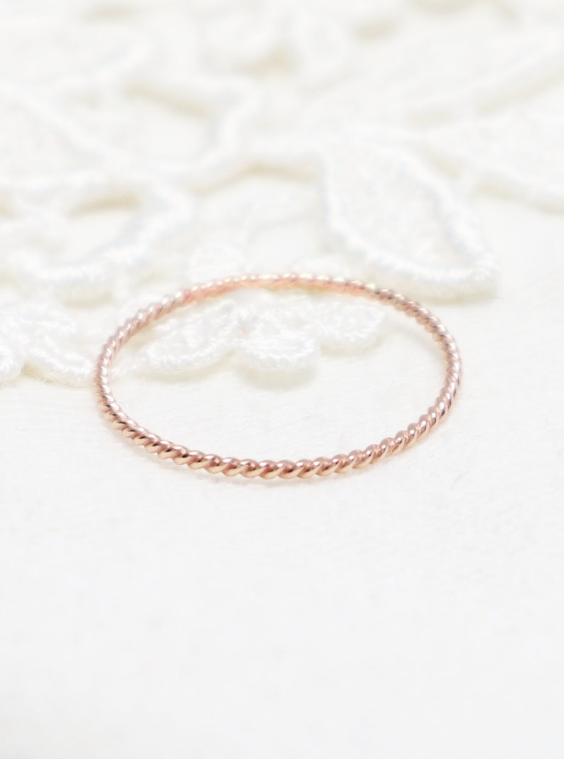 Super Thin Rose Gold Ring, Twist Rope Ring, Simple Stacking Ring, Pink Gold Ring, Dainty 14K Rose Gold Ring, Thumb Ring Optimism Ring image 1