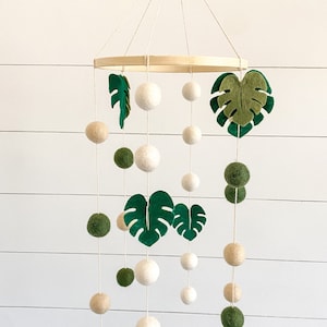 Jungle Baby Mobile Nursery Mobile Crib Mobile Gender Neutral Mobile Felt Ball Mobile Monstera Leaf Baby Mobile Baby Shower Gift