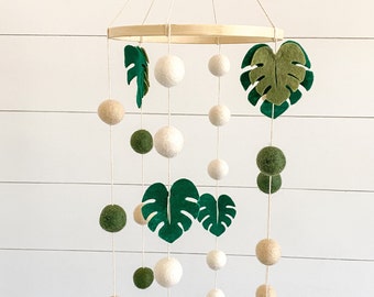 Jungle Baby Mobile Nursery Mobile Crib Mobile Gender Neutral Mobile Felt Ball Mobile Monstera Leaf Baby Mobile Baby Shower Cadeau