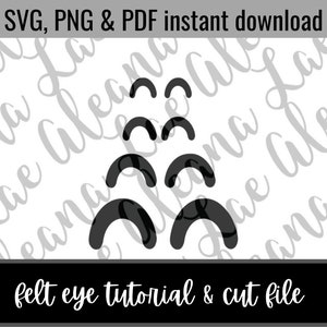 May include: A set of five black felt eye shapes in different sizes, arranged in a pyramid shape. The image includes the text "felt eye tutorial & cut file".