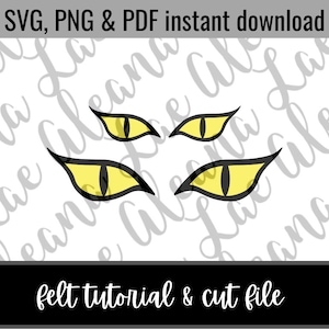 May include: A digital download of a felt craft tutorial and cut file for creating a pair of yellow cat eyes with black pupils. The image shows the eyes in a white background with the text "SVG, PNG & PDF instant download" and "felt tutorial & cut file" at the top and bottom of the image.