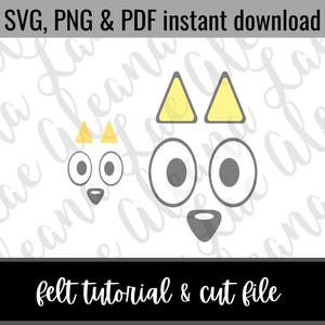 May include: A digital download of a felt tutorial and cut file for a cute cartoon animal face. The face is made up of grey and yellow felt pieces, including two eyes, a nose, and two ears.