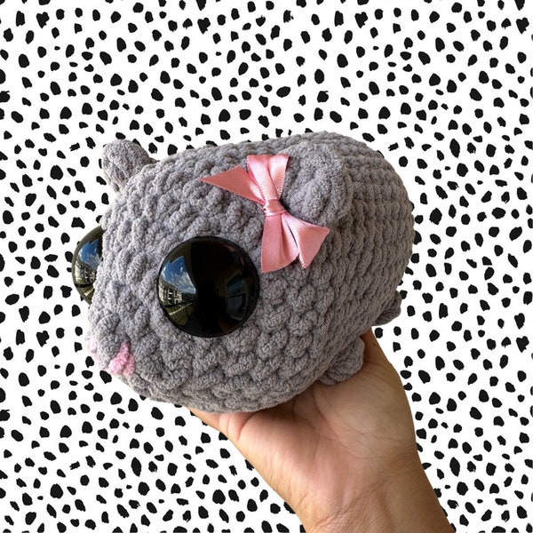 Sad Hamster Crochet Plush | Meme Gray Hamster with Pink Bow Crochet | Handmade Stuffed Animal