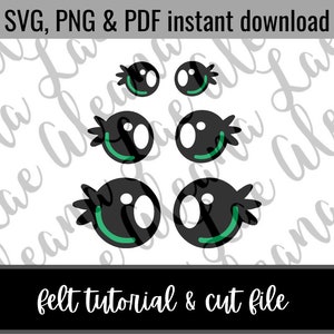 Puede incluir: Un conjunto de cinco formas de ojos de fieltro para proyectos de manualidades. Los ojos son negros con contornos y pupilas verdes. Los ojos son de diferentes tamaños. La imagen incluye el texto "SVG, PNG & PDF descarga instantánea" y "tutorial de fieltro y archivo de corte".