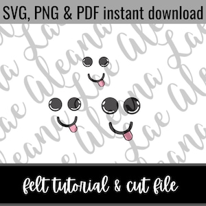May include: Three smiling faces with black eyes and pink tongues. The faces are in a white background with the text "SVG, PNG & PDF instant download" and "felt tutorial & cut file" at the top and bottom of the image.