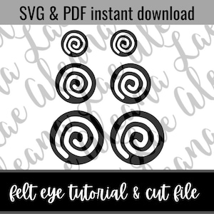 Könnte beinhalten: Drei Sätze schwarzer und weißer Filzaugenformen zum Basteln. Die Augen haben die Form einer Spirale. Der Text "SVG & PDF Sofort-Download" und "Filzaugen-Tutorial & Schnittdatei" befindet sich oben und unten im Bild.