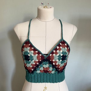 Sustainable Granny Square Crochet Lace-up Crop Top | Recycled Cotton / Recycled Polyester Yarn | Fully Lined | Handmade Rainbow Pride Top