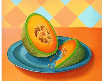3x3 to18x18 Kitchen wall art, Orange and teal kitchen art, Fine art print of cantaloupe fruit acrylic painting, Diamond pattern food print,