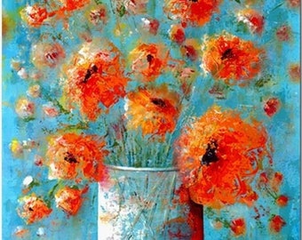 3x5 to 21x28 prints of acrylic painting, Wall art prints of aqua & orange flowers, turquoise wall art, Aqua floral art prints. Samples