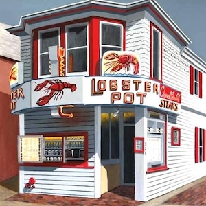 May include: An artistic rendering of a seafood restaurant, "Lobster Pot," with a red and white exterior. The sign features a lobster graphic and the words "Lobster Pot" and "Clam & Steak." The building has multiple windows.