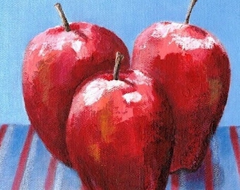Kitchen wall art 3x3 to 12x12 , Apple kitchen prints in red and blue, Fruit art print of acrylic painting, Painterly, loose style artwork,
