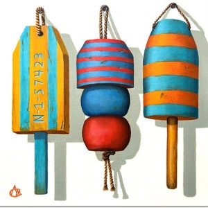 3x3 - 20x20 art prints, Coastal decor beach house wall art, Buoy wall art, Square nautical lobster fishing art, Gift for him Buoys art print