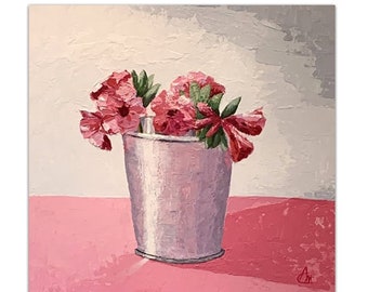 Acrylic painting 10x10, Textured painting of pink flowers in metal bucket, Small artwork in shades of pink, Impressionist art, Azaleas.