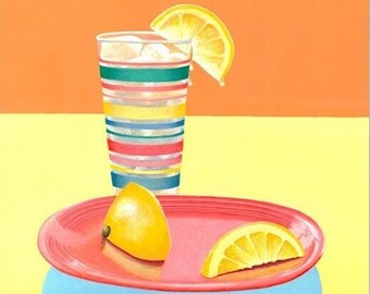 Art prints 3x3 to 24x24, Kitchen wall art dishware with a vintage vibe, Colorful dishes kitchen prints, Lemons and Lemonade wall art prints.