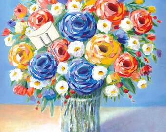 Colorful wall art 3x3 to 20x20, Fine art print of acrylic painting, Impressionist flowers in vase, Impressionism floral bouquet florist card