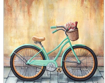 Bicycle Art 3x3 to 20x20, Aqua bicycle wall art, Old world decor fine art print of acrylic painting, Vintage bike basket, Bicycle prints.