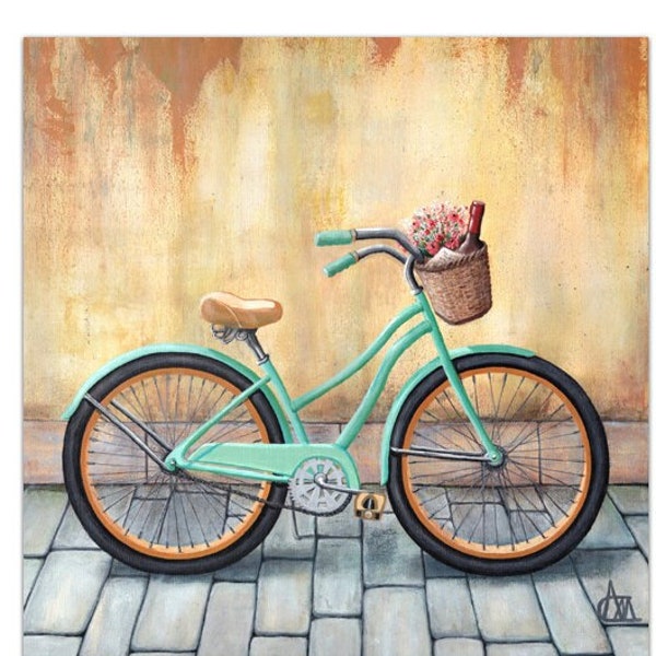 Bicycle Art 3x3 to 20x20, Aqua bicycle wall art, Old world decor fine art print of acrylic painting, Vintage bike basket, Bicycle prints.