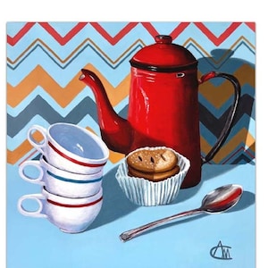 May include: A still life painting of a red teapot, a stack of white teacups with blue and red stripes, a single cookie in a paper cup, and a silver spoon on a blue background with a chevron pattern.