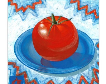 Kitchen art 3x3-18x18, Red and blue wall art of tomato and funky tablecloth, Fun kitchen prints of vegetable, Prints of acrylic painting.