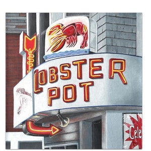May include: A red and white neon sign with the words "Lobster Pot" in red with yellow outlines. A red lobster with white claws is in the upper left corner of the sign. A red arrow points to the right.
