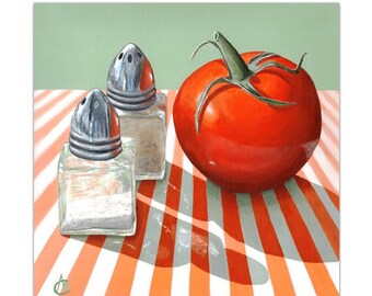 Kitchen wall art 5x5 to 20x20, Tomato, salt and pepper art print, Fine art print of acrylic painting, Red, orange and green food artwork,