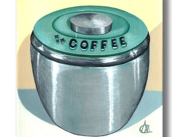 8x8 canvas painting for kitchen, Vintage coffee canister in teal and gray, Coffee bar decor wall art, Vintage kitchen original painting.