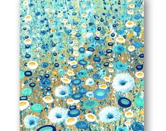 Canvas art print, 16x20, 11x14, Whimsical wall art, Floral art prints in blue, teal, and gold, Wall art prints of unique acrylic painting.