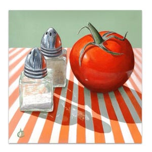 May include: A still life painting featuring a vibrant red tomato with green stem and two glass salt shakers with silver tops. The objects rest on a table with red and white stripes, set against a light green background.