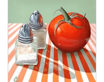 Kitchen wall art 5x5 to 20x20, Tomato, salt and pepper art print, Fine art print of acrylic painting, Red, orange and green food artwork,