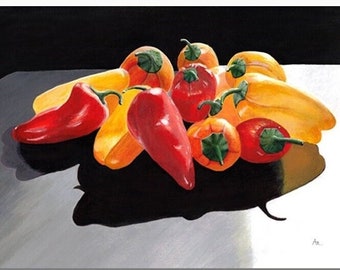 Art print of original painting.  Kitchen wall art of peppers in red, orange, yellow. Acrylic painting food art. Vegetable art for kitchen.