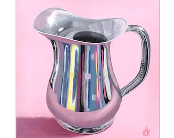 Pink kitchen art 3x3 to 20x20, Fine art print of acrylic painting, Shiny metal pitcher with reflections, Wall art for Kitchen or Restaurant