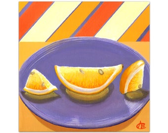 Art prints 3x3-14x14, Purple and yellow kitchen wall art of lemon slices. Print of painting in retro colors. Square prints for kitchen.