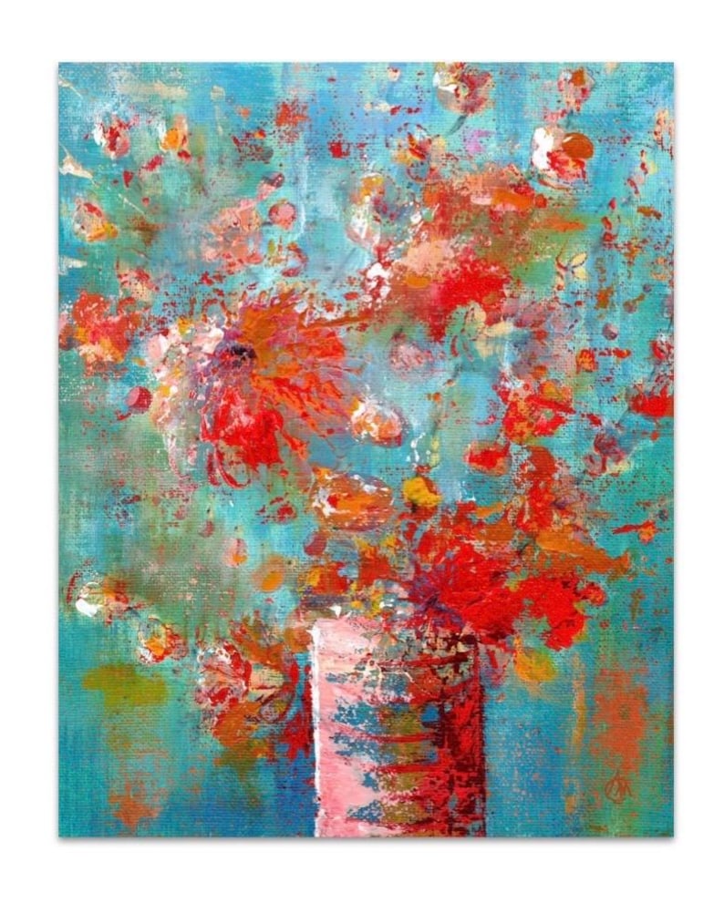 May include: Abstract painting of a bouquet of red, orange, and pink flowers in a pink and red vase against a turquoise background.