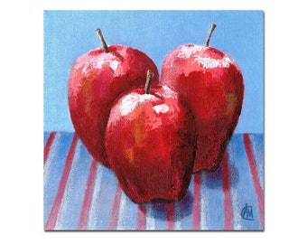 Kitchen wall art 3x3 to 12x12 , Apple kitchen prints in red and blue, Fruit art print of acrylic painting, Painterly, loose style artwork,