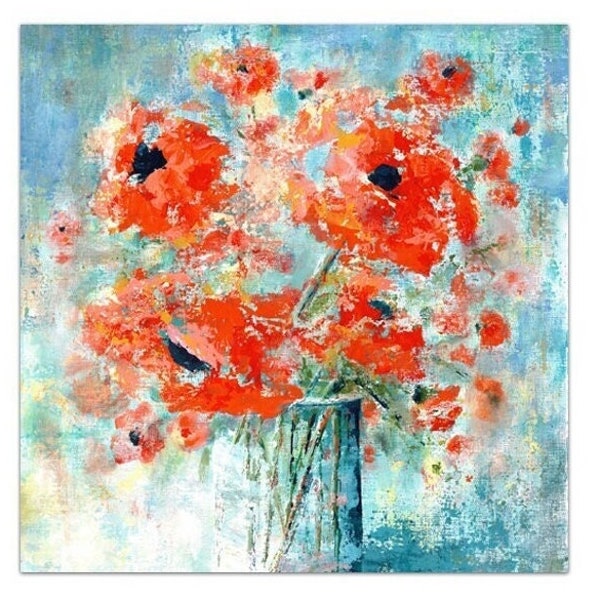 3x3 to 16x16 wall art prints,  Orange and red floral art print, Abstract flower print of painting, Fine art prints of floral acrylic artwork