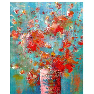 May include: Abstract painting of a bouquet of red, orange, and yellow flowers in a pink vase against a turquoise background.