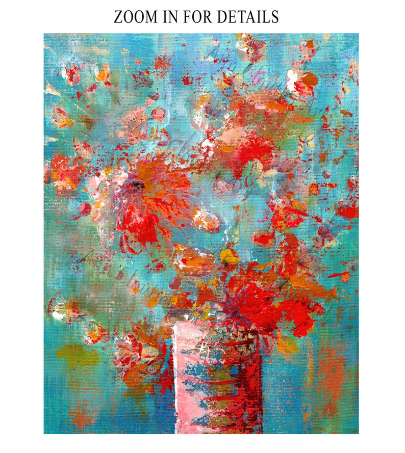 May include: Abstract painting of a bouquet of red, orange, and yellow flowers in a pink vase against a turquoise background.
