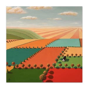 May include: A painting of a colorful landscape with a patchwork of fields in shades of green, orange, red, and blue. A small white house with a black roof sits in the center of the painting.