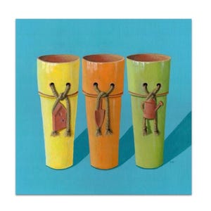May include: Three ceramic planters in yellow, orange, and green, each with a rope tied around the top and a small decorative charm hanging from the rope. The charms are a house, a shovel, and a watering can.